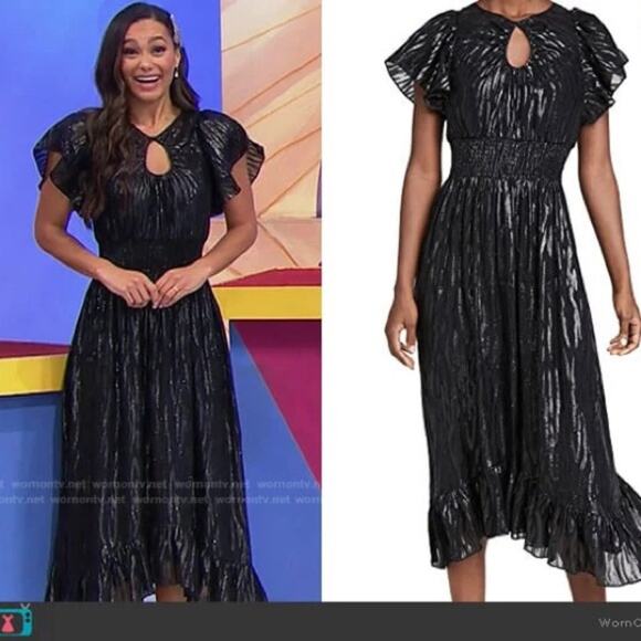 NWT Rebecca Taylor $595 Silk Metallic Ruffle Sleeve Safari Midi Dress - Picture 1 of 9